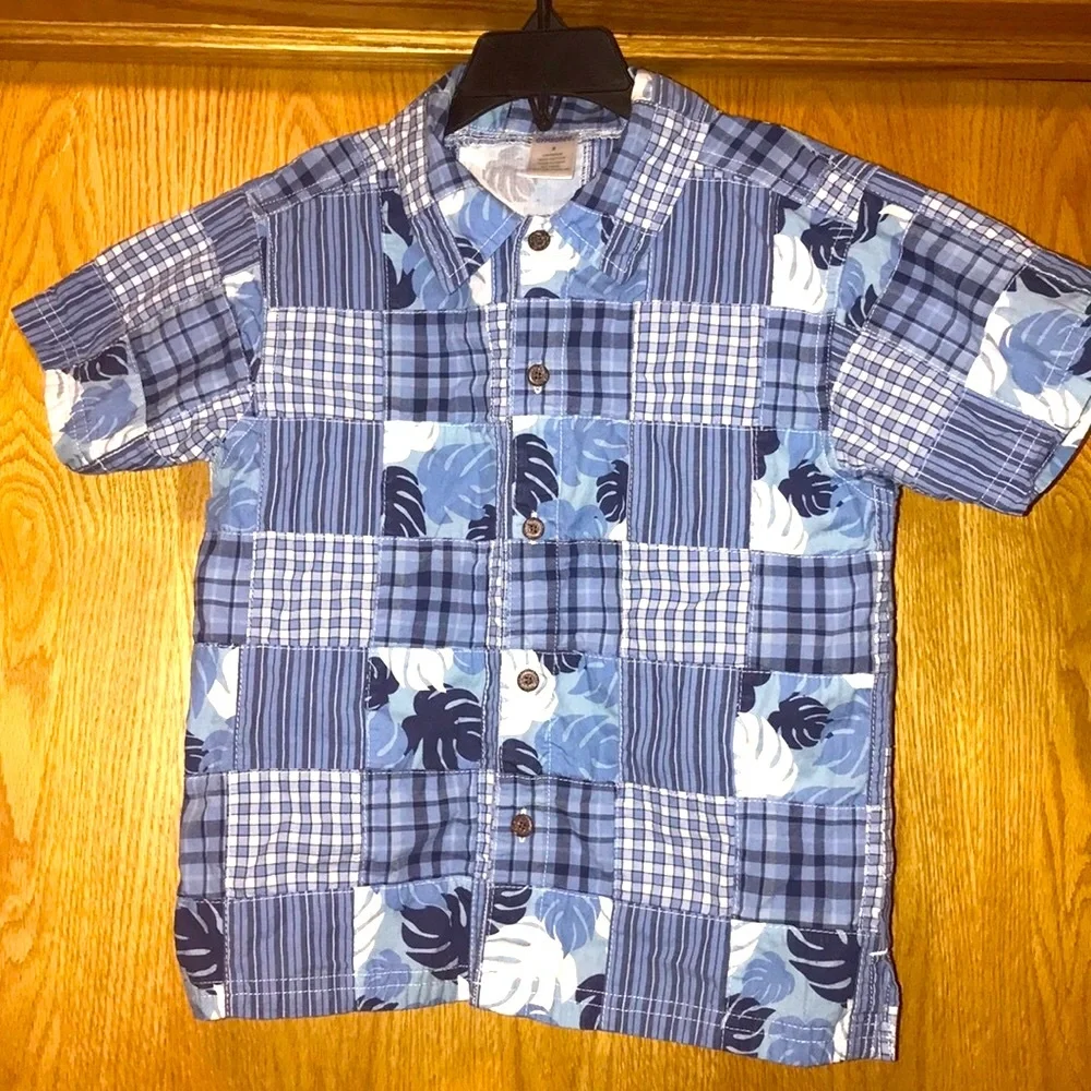 Gymboree 5 cotton poplin patchwork madras plaid button down shirt blue white